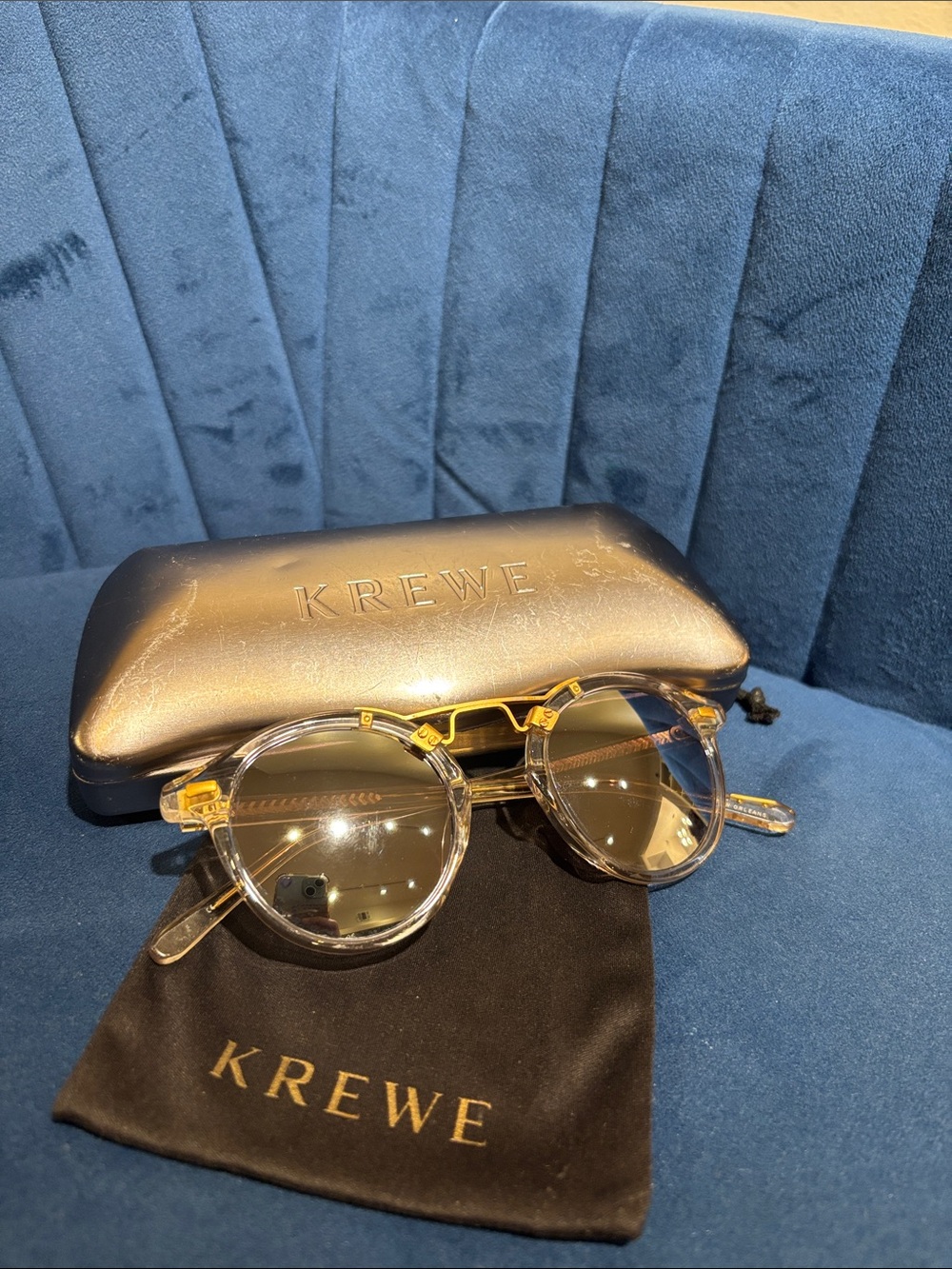 KREWE St. Louis Style Clear and Gold Frame Sunglasses with Dark Mirror Lenses